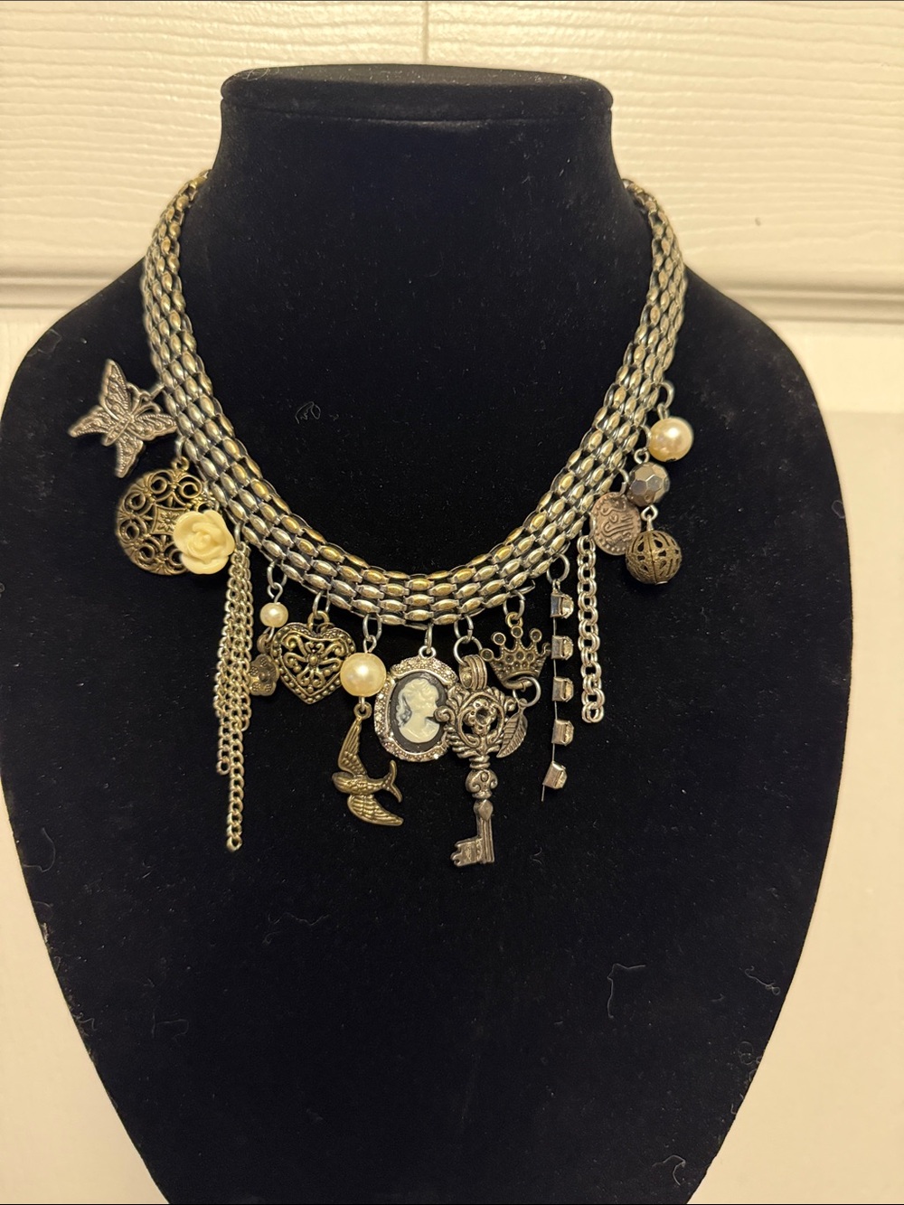 VTG Silver Tone Charm Necklace | Layered Chain Cameo Crown Butterfly Necklace